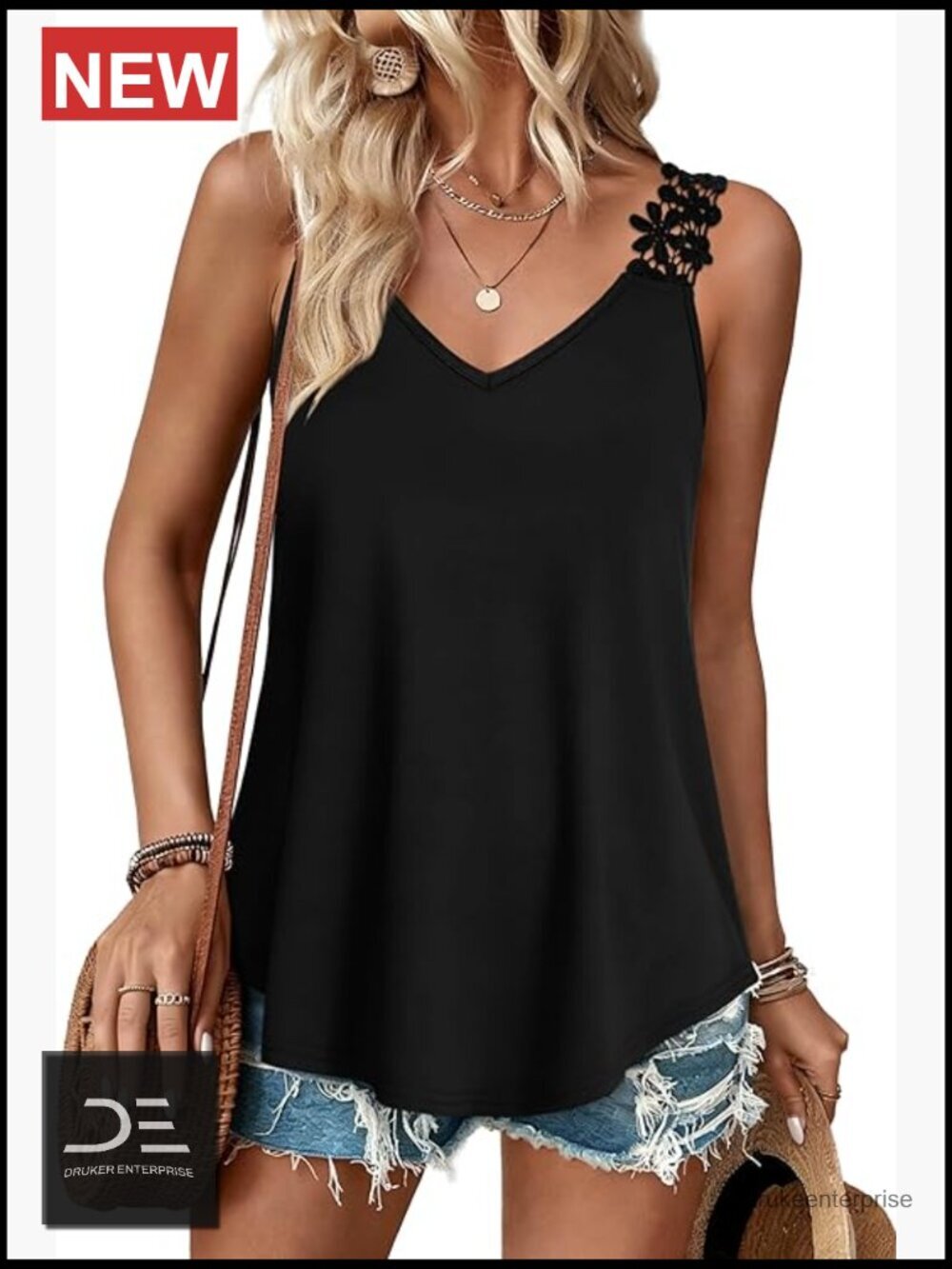 Sleeveless V-Neck Lace Tank Top with Flowy Curved Hem